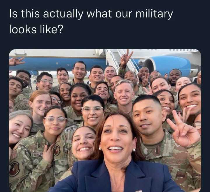 image of a woman in a suit and a group of military personnel