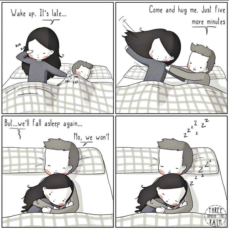 a cartoon of a couple laying in bed with a cat