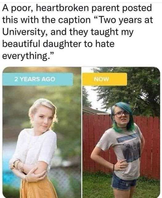 two photos of a woman with green hair and a white shirt