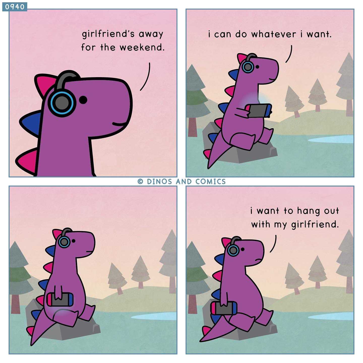 cartoon of a purple dinosaur with headphones and a pink shirt