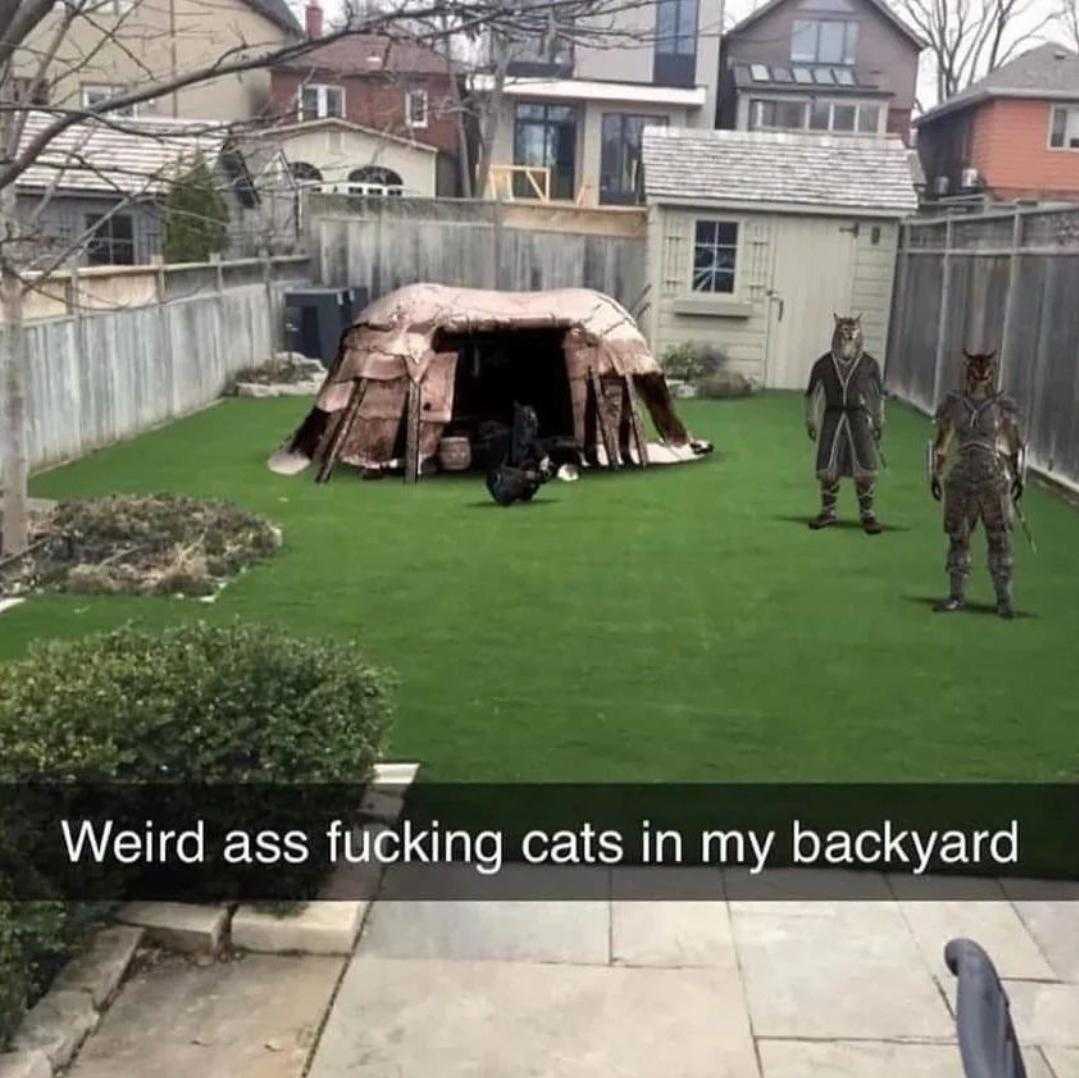 there are two men in camouflage uniforms standing in a yard