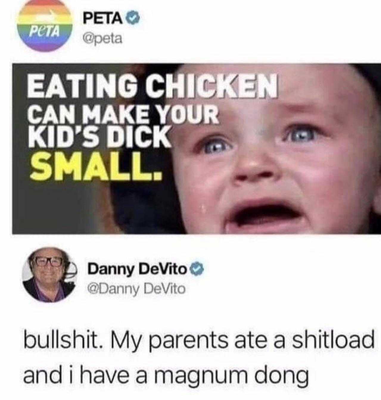 a close up of a child with a tweet saying eating chicken can make your kids dick small