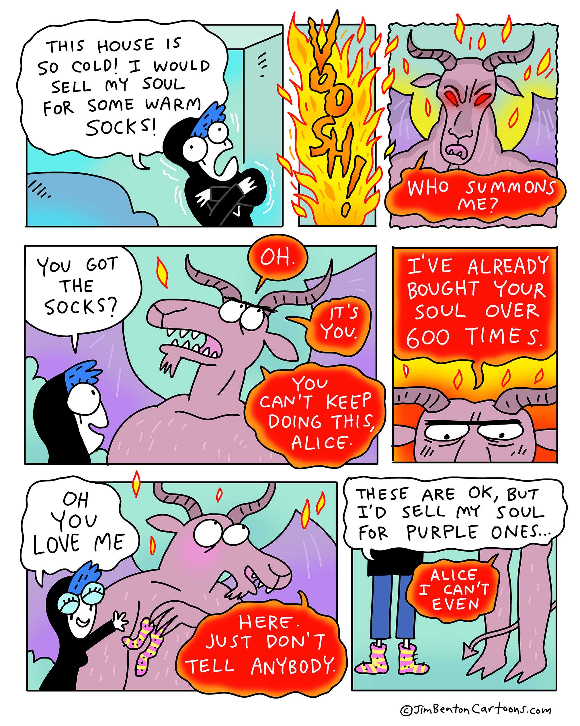 a cartoon of a comic strip with a cat and a demon