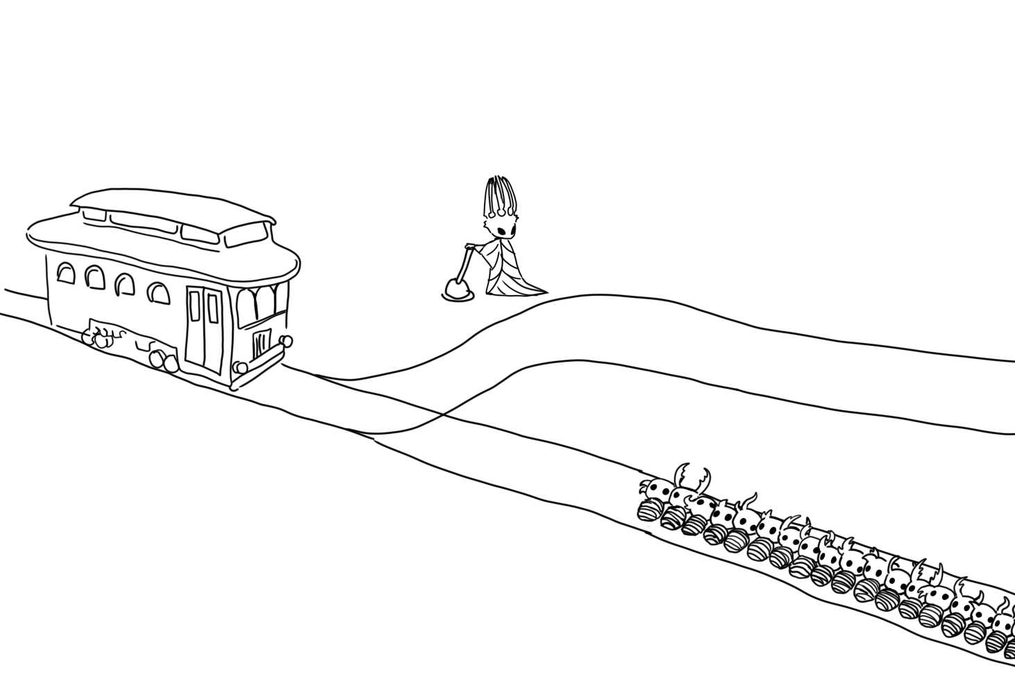 drawing of a train with a person walking on the tracks