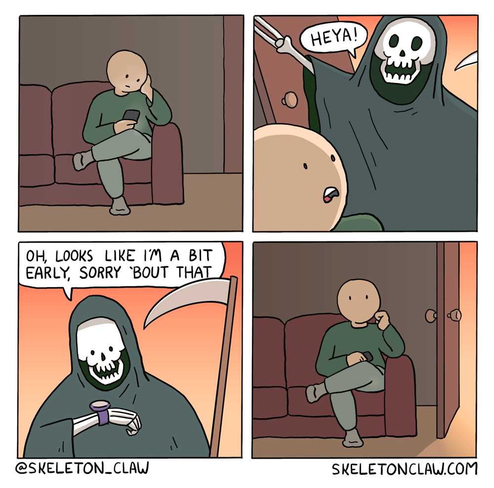 a cartoon of a person sitting on a couch with a skeleton on it