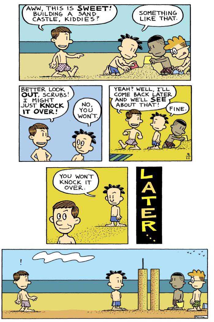 a cartoon strip of a beach scene with a man and a woman on the beach