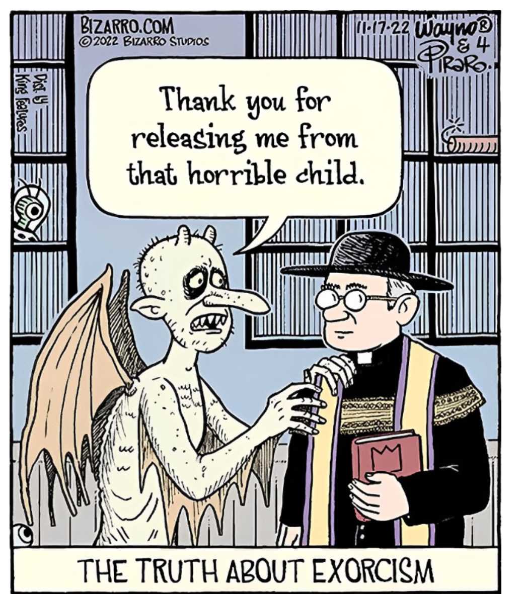 a cartoon of a man with a book and a devil