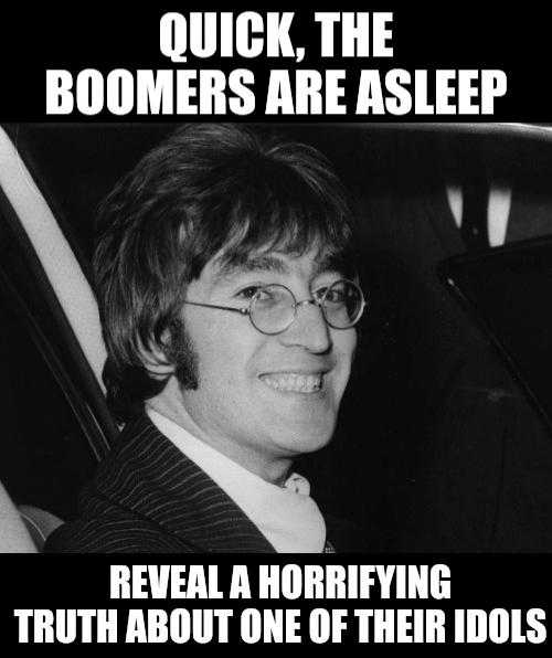 a black and white photo of a man in a car with a caption saying, quick the boomers