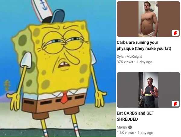 cartoon of a man with a knife and a shirtless spongebob