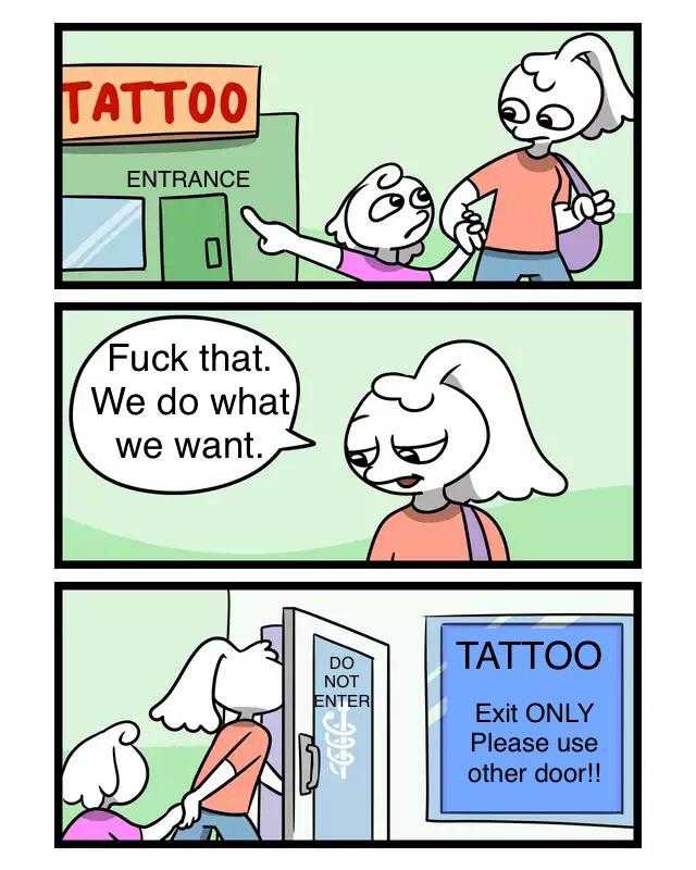 a cartoon of a woman getting a tattoo at a tattoo parlor