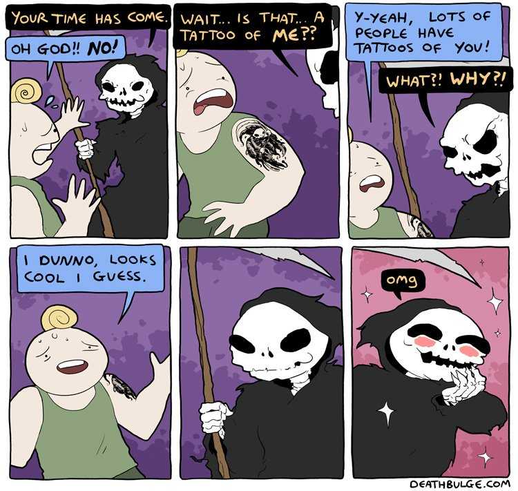 a comic strip with a cartoon of a skeleton holding a stick