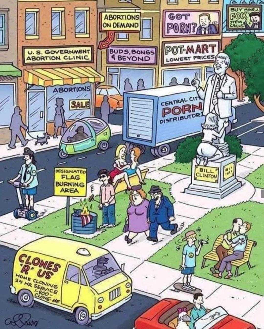 cartoon of a busy street with a lot of people and cars