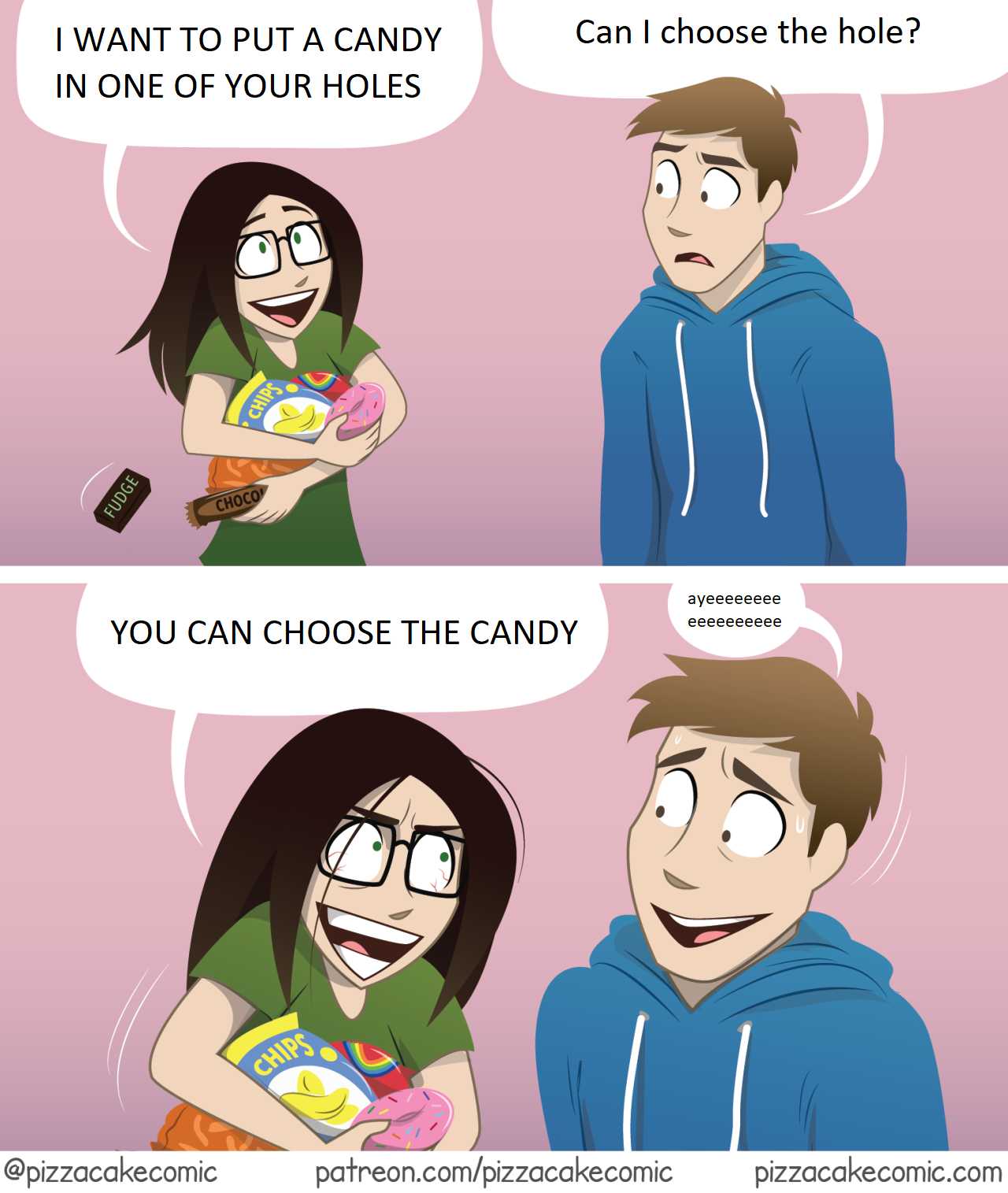 cartoon of a guy and girl sharing a joke about candy