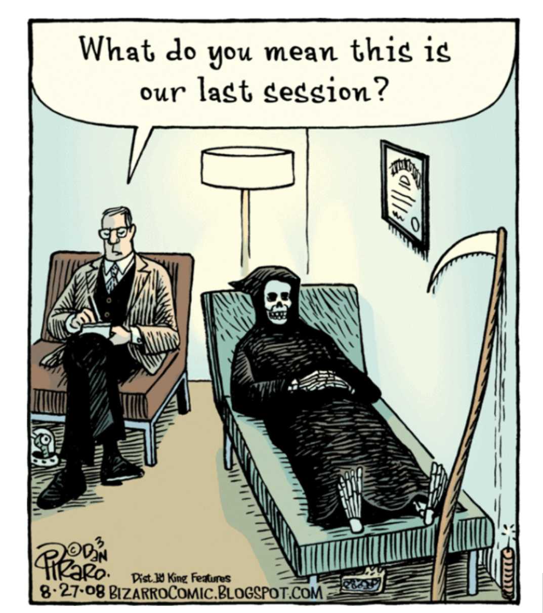 cartoon of a man in a black robe sitting on a couch with a skeleton on it