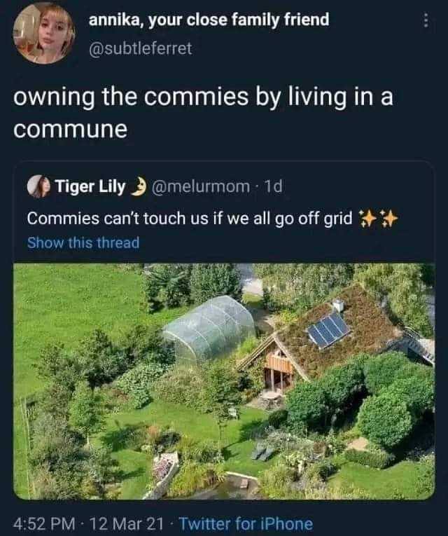 a screenshot of a twitter post with a picture of a house and a woman