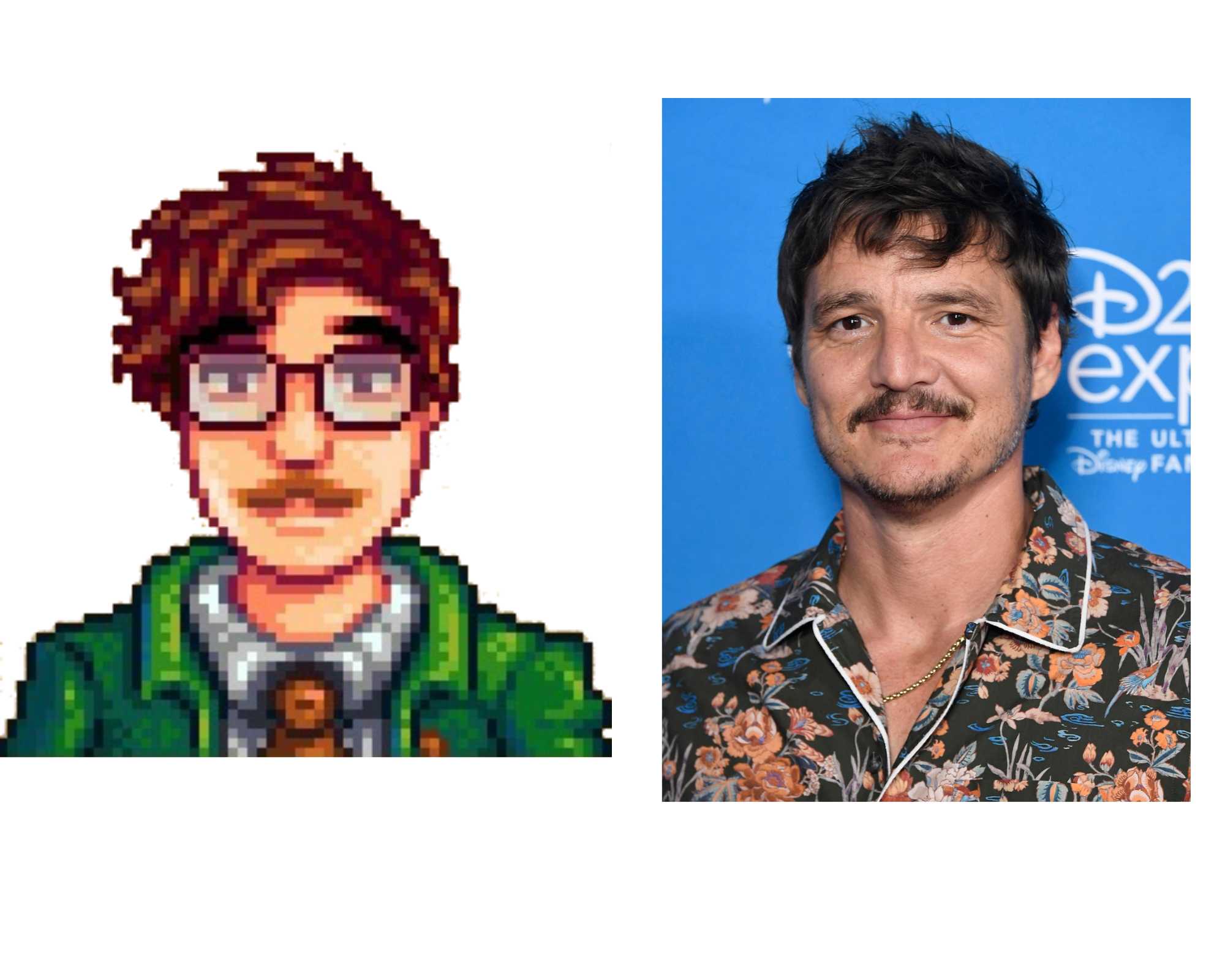 a close up of a person with glasses and a pixel art