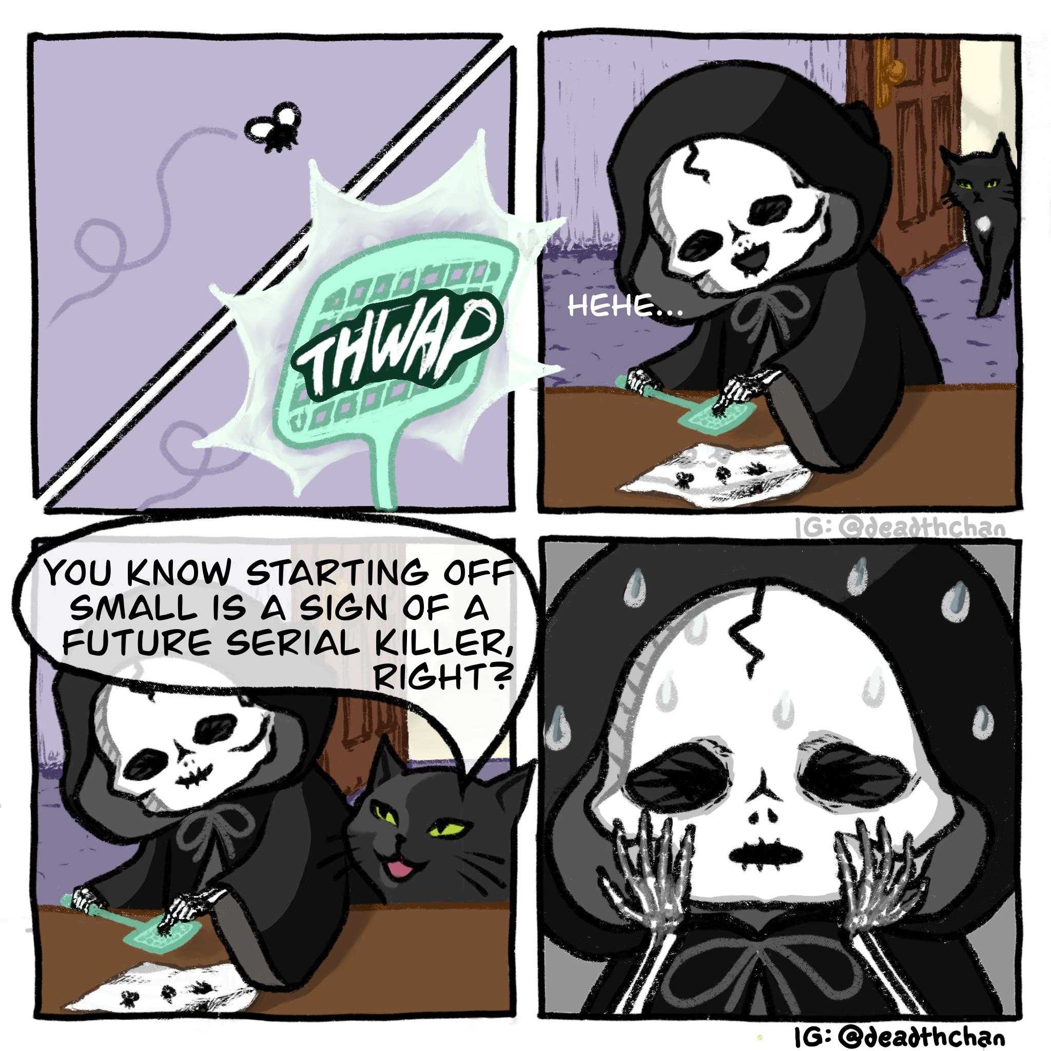 a cartoon of a comic strip with a skeleton and a cat