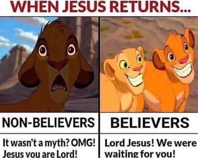 a cartoon picture of a lion and a lion cub with the caption of jesus returns