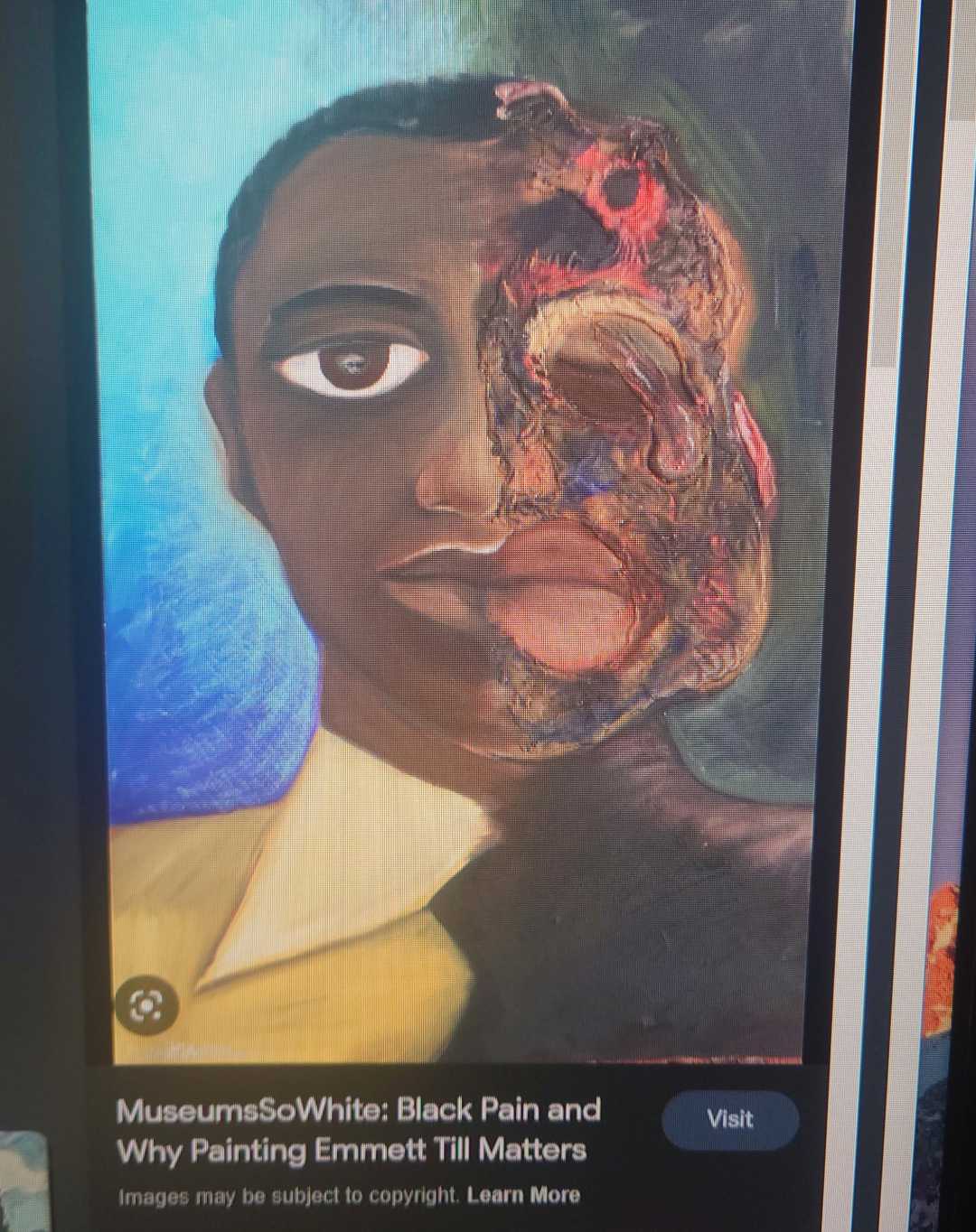 painting of a man with a black face and a yellow shirt