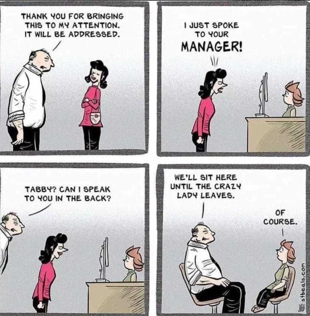 cartoon of a woman talking to a man about her job