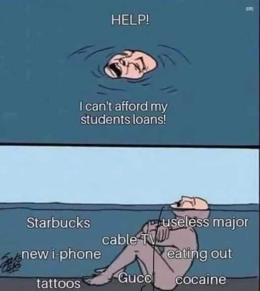 cartoon of a man sitting on the ground with a phone in his hand and a caption that reads, help i can ' t afford my students loans