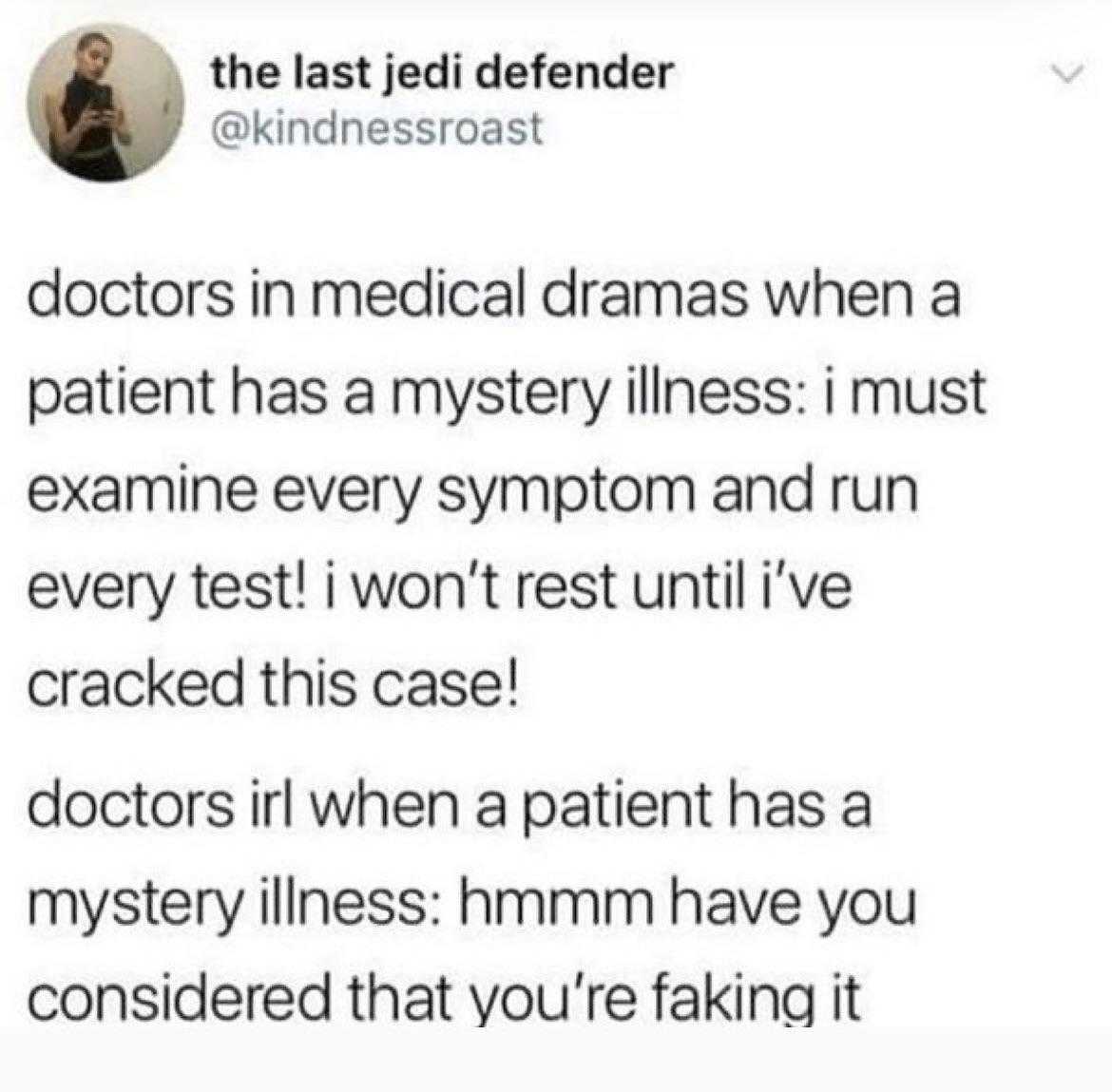 a tweet with a doctor in medical drama and a caption