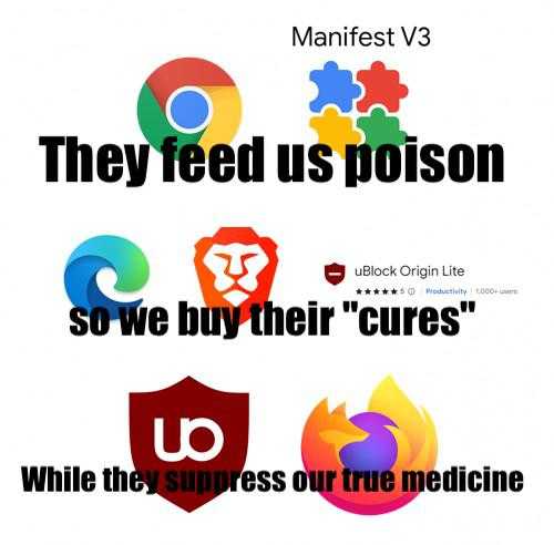 a picture taken from a social media site shows a poster with the words, they feed us poison so we buy their cures while they suppress