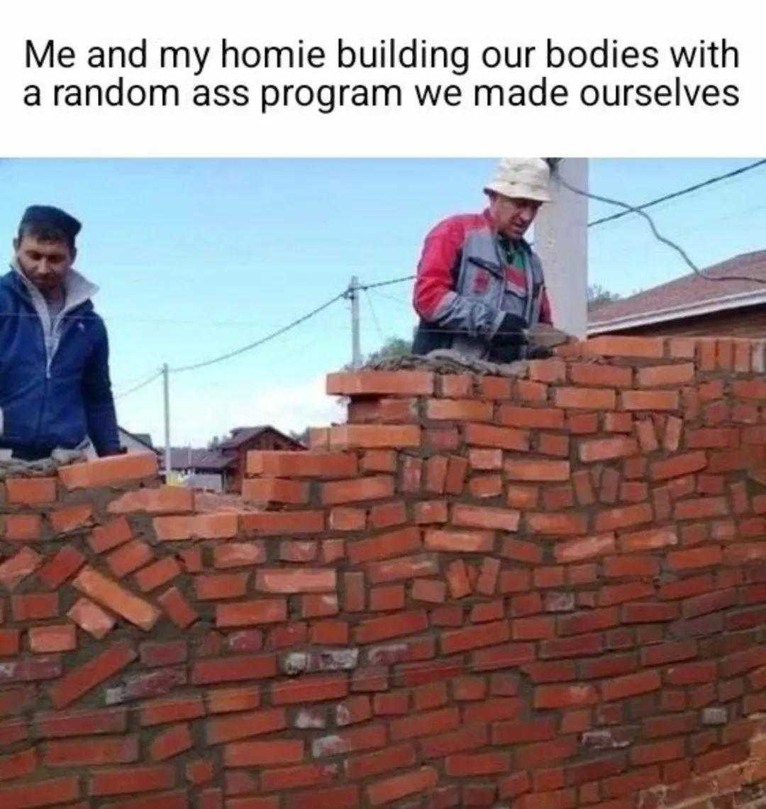 two men are building a brick wall with a brick wall