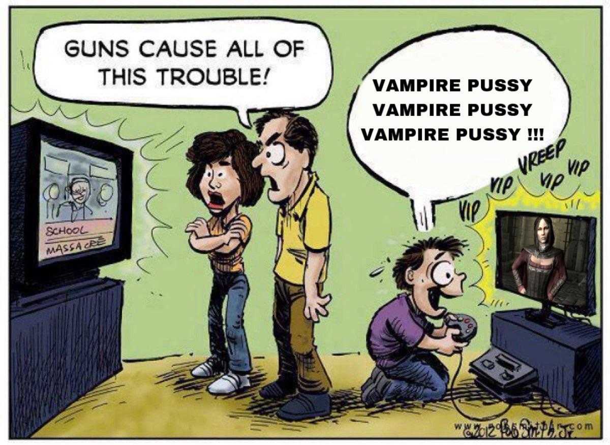 cartoon of a man and a woman watching a tv with a vampire on the screen