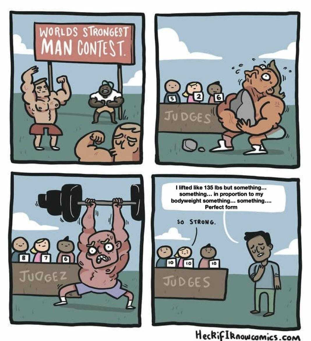 a cartoon of a man lifting a barbell in front of a crowd