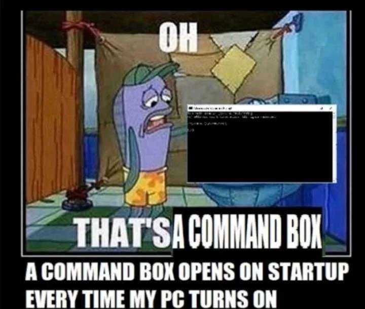 a cartoon picture of a computer screen with a message that says, oh that ' s a command box a command box opens on startup