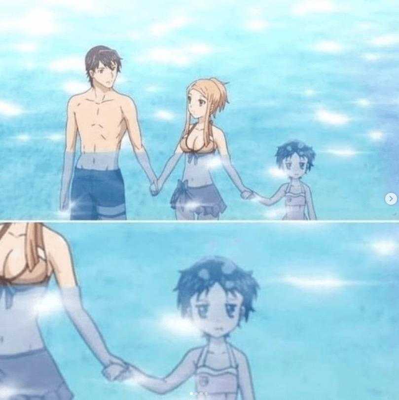 anime characters holding hands in the water with a man and woman