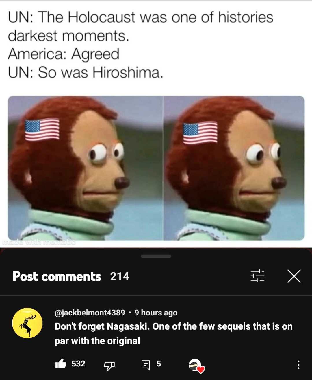 a screenshot of a monkey with a flag on its head