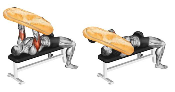 a man doing a bench press with a baguet on his back