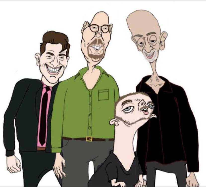 cartoon of a group of men with a man in a tie and a man in a shirt