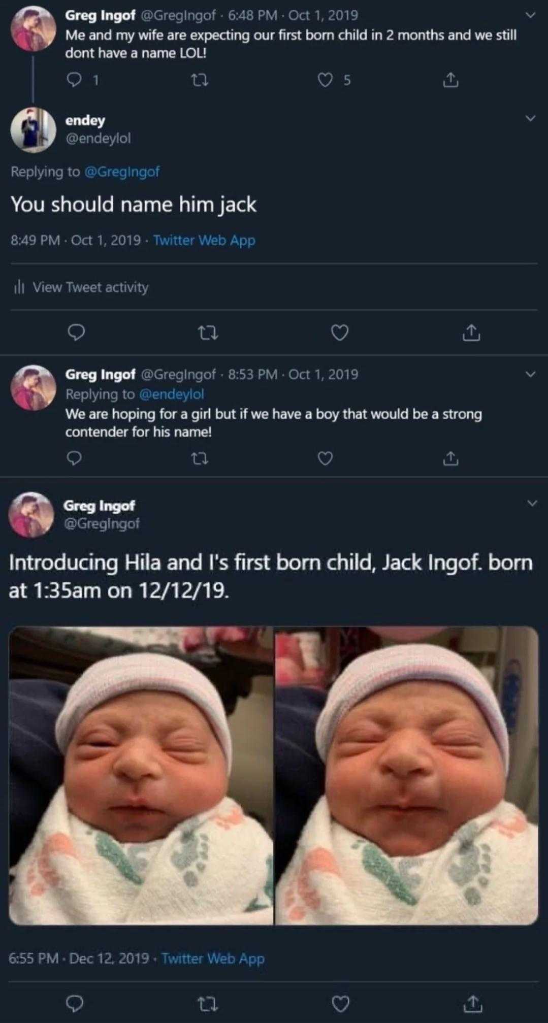 a screenshot of a baby with a hat on and a tweet