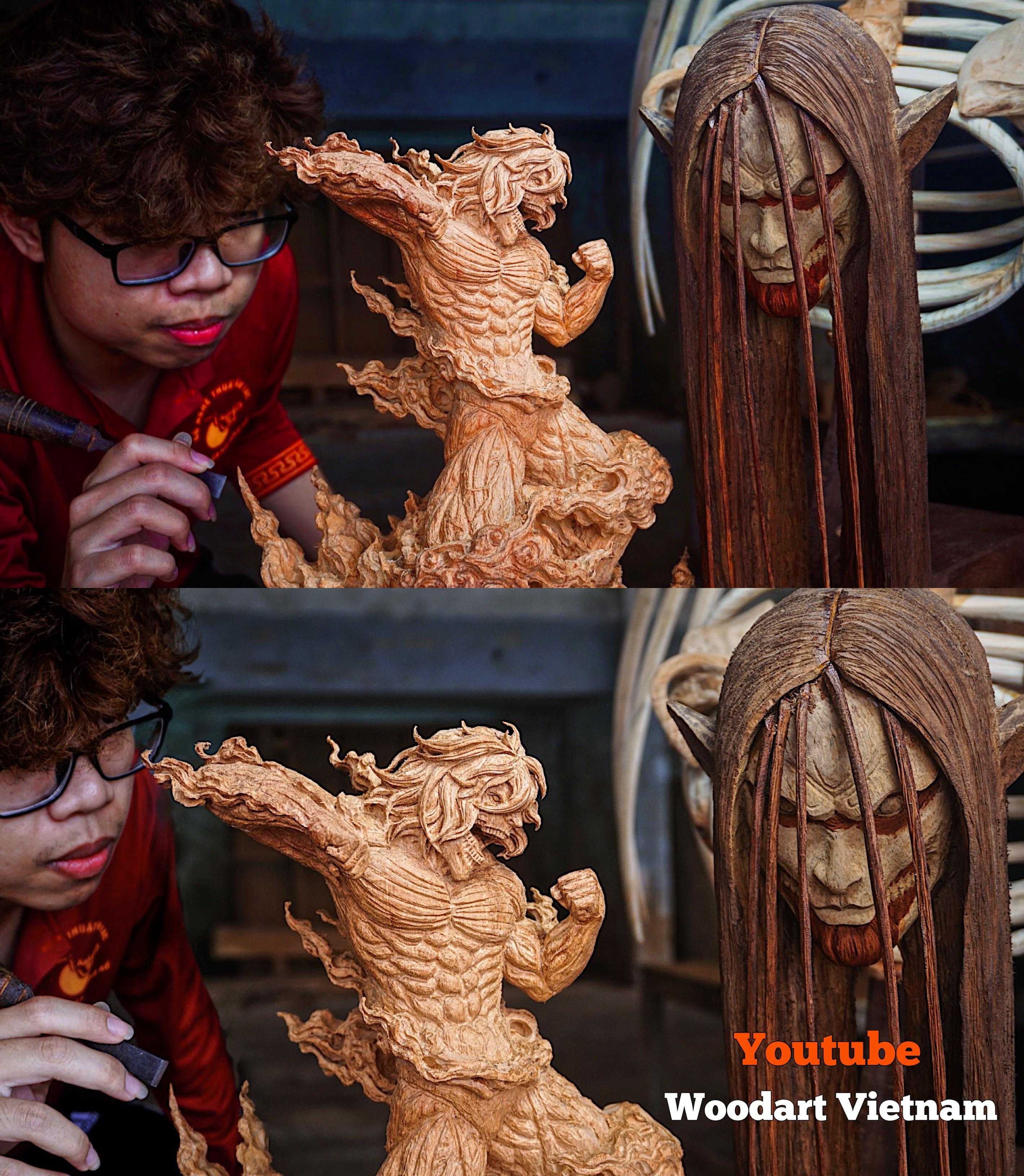 there are two people that are working on some wooden sculptures