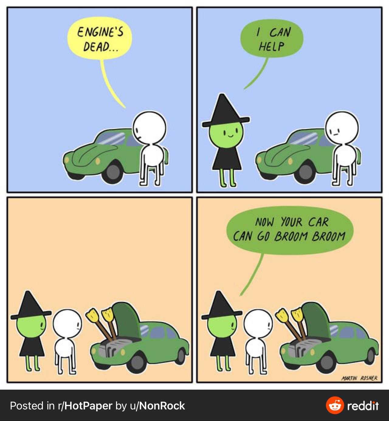 a cartoon of a car with a witch on it and a car with a witch on it