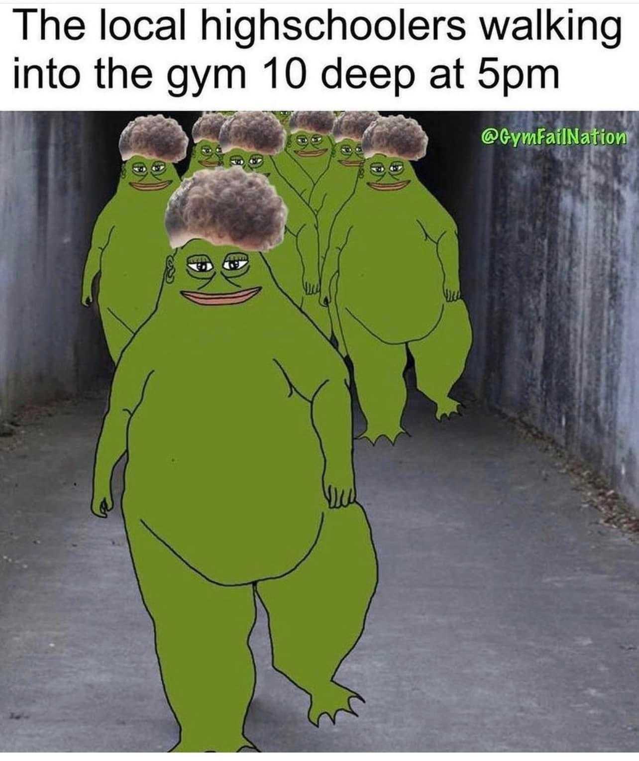 a cartoon of a group of green frogs walking down a hallway