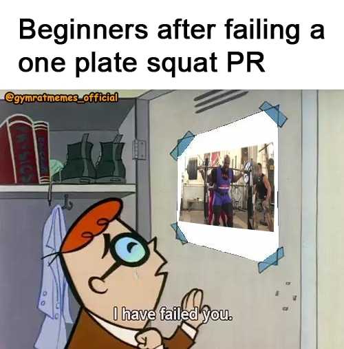 cartoon of a man looking at a mirror with a caption saying, beginers after failing a one plate squat pr