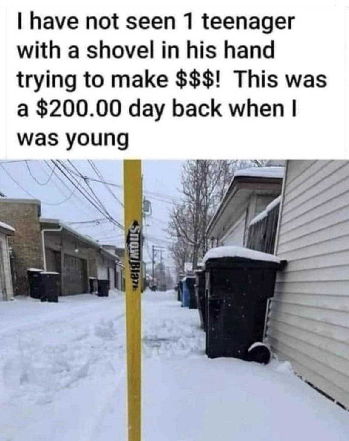 a picture taken on a snowy day shows a sign that says, i have seen teenager with a shovel in his hand trying to make $ $ $ $ 8 this was $ 20