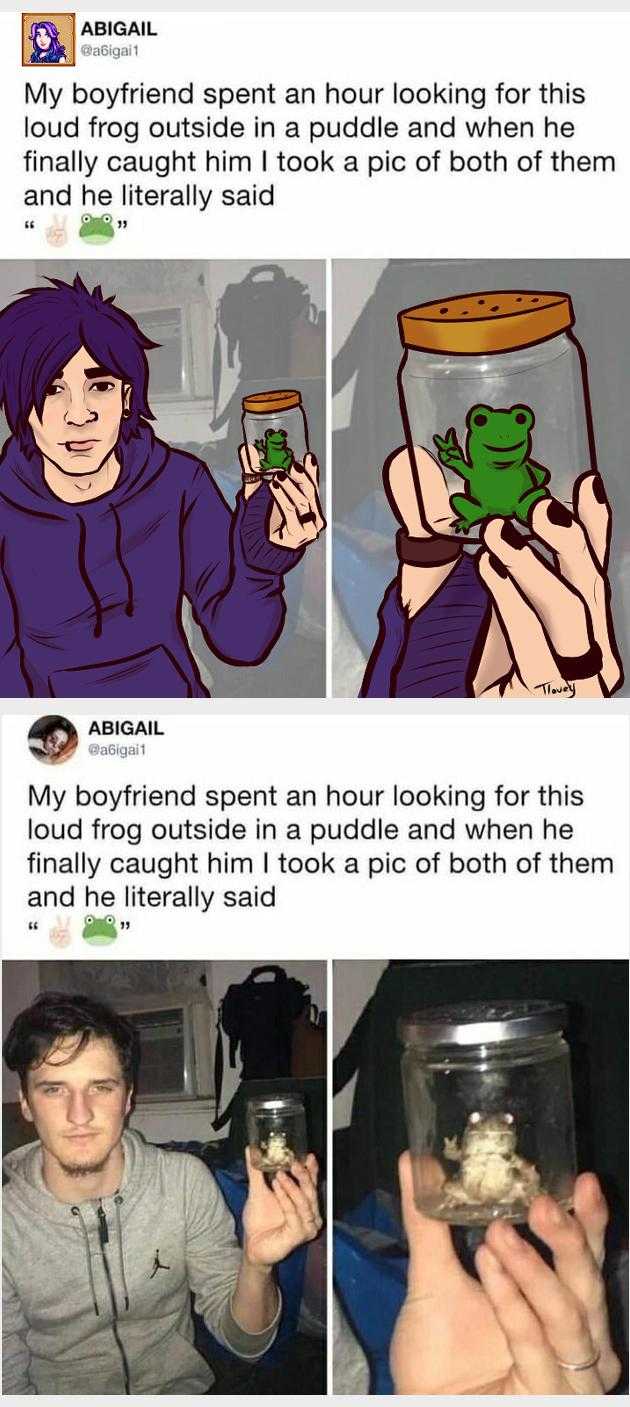 a picture of a man holding a jar of food with a frog inside