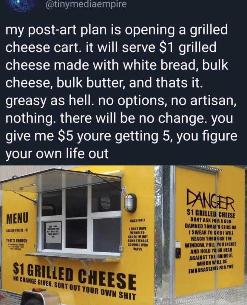 there is a yellow food truck with a menu on it