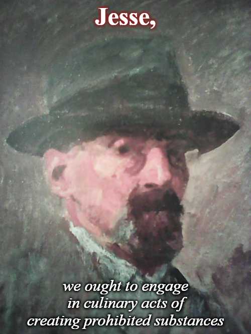 painting of a man with a mustache and a hat with a quote