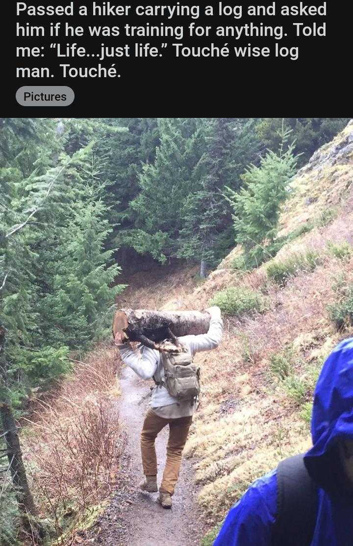 hiker carrying a load and asked him if he just like to touch the tree log man