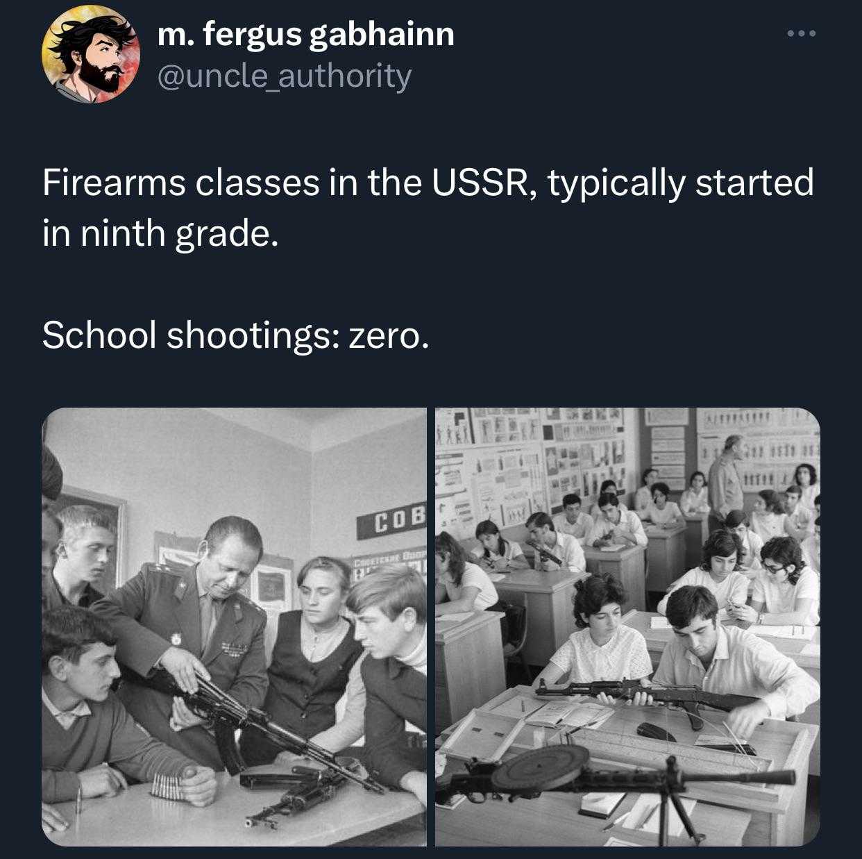 a couple of pictures of a man holding a gun in a classroom