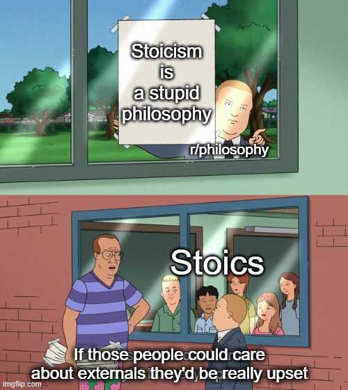 a cartoon picture of a man standing in front of a window with a sign that says, stoicism