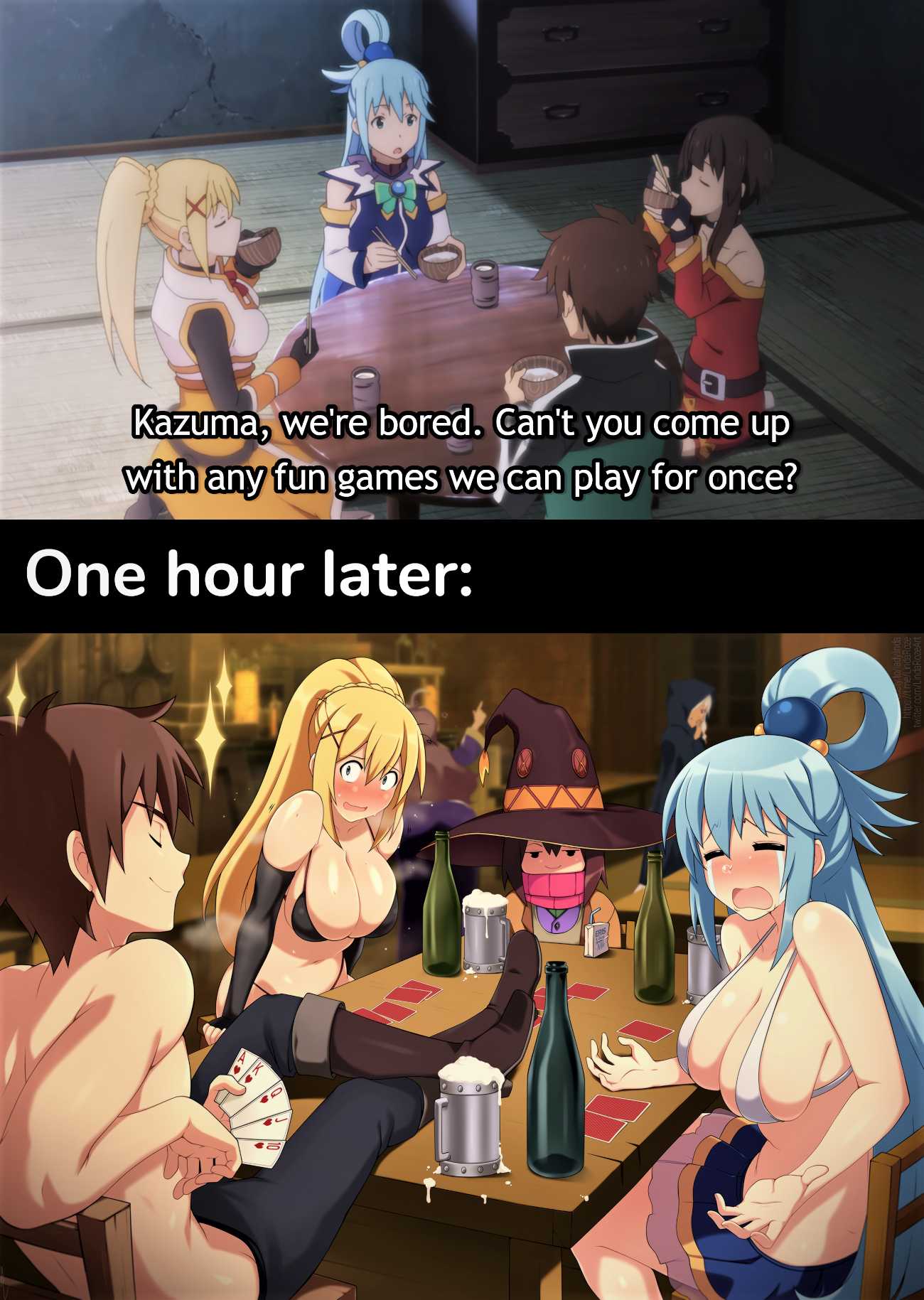 anime characters sitting at a table with a woman in a bikini