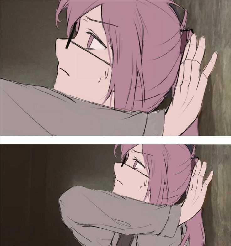 anime girl with glasses hugging her head with her hands