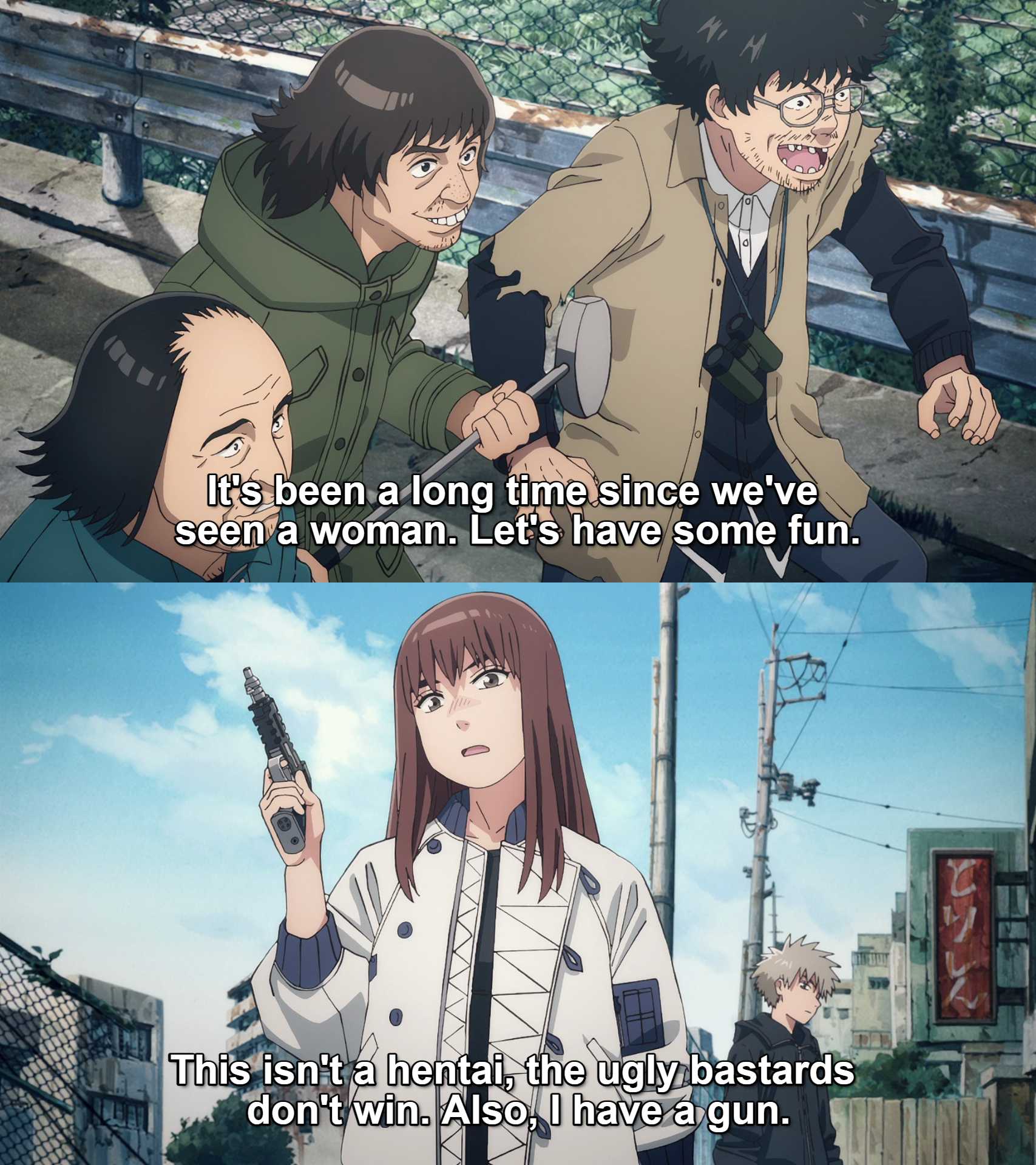 anime scene with a man and woman holding guns and a woman holding a gun